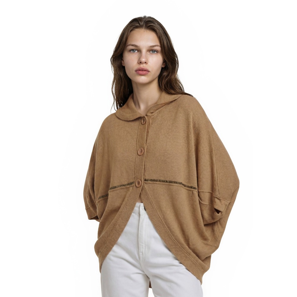 Katia Poncho Sweater Women's Small Camel Brown Button Front Batwing Knit‎ Wrap
